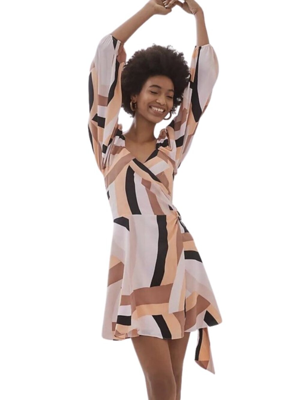 Anthropologie Hutch Geo Wrap Mini Dress Balloon Sleeve Tie Waist wedding guest - Picture 2 of 11